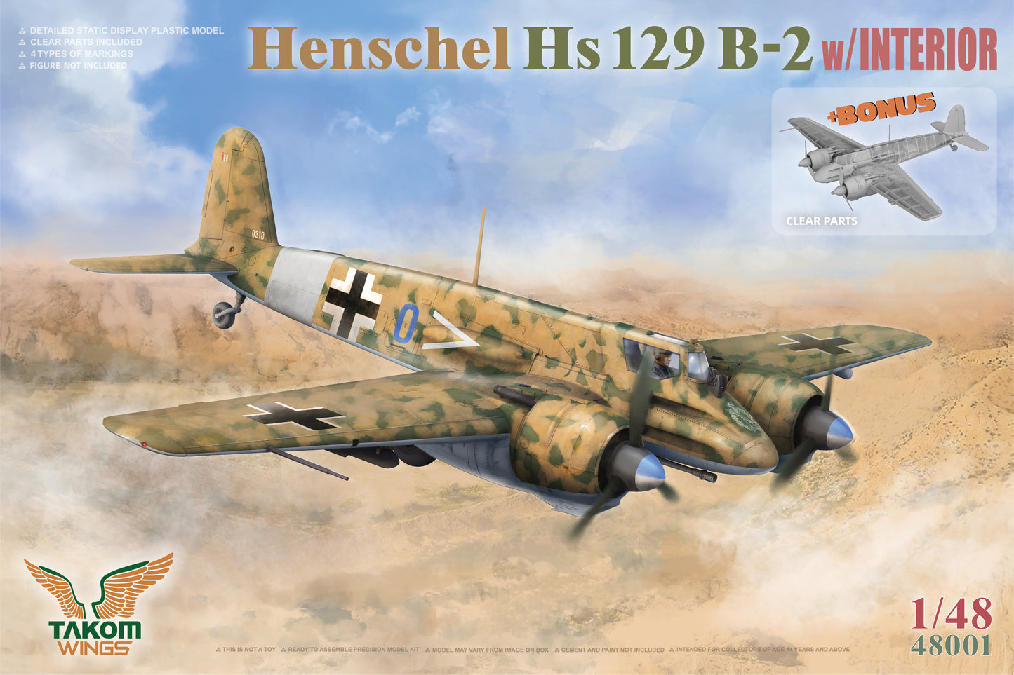 TAKOM 48001 1/48 Henschel Hs129 B-2 With INTERIOR Attack Aircraft
Model Kit