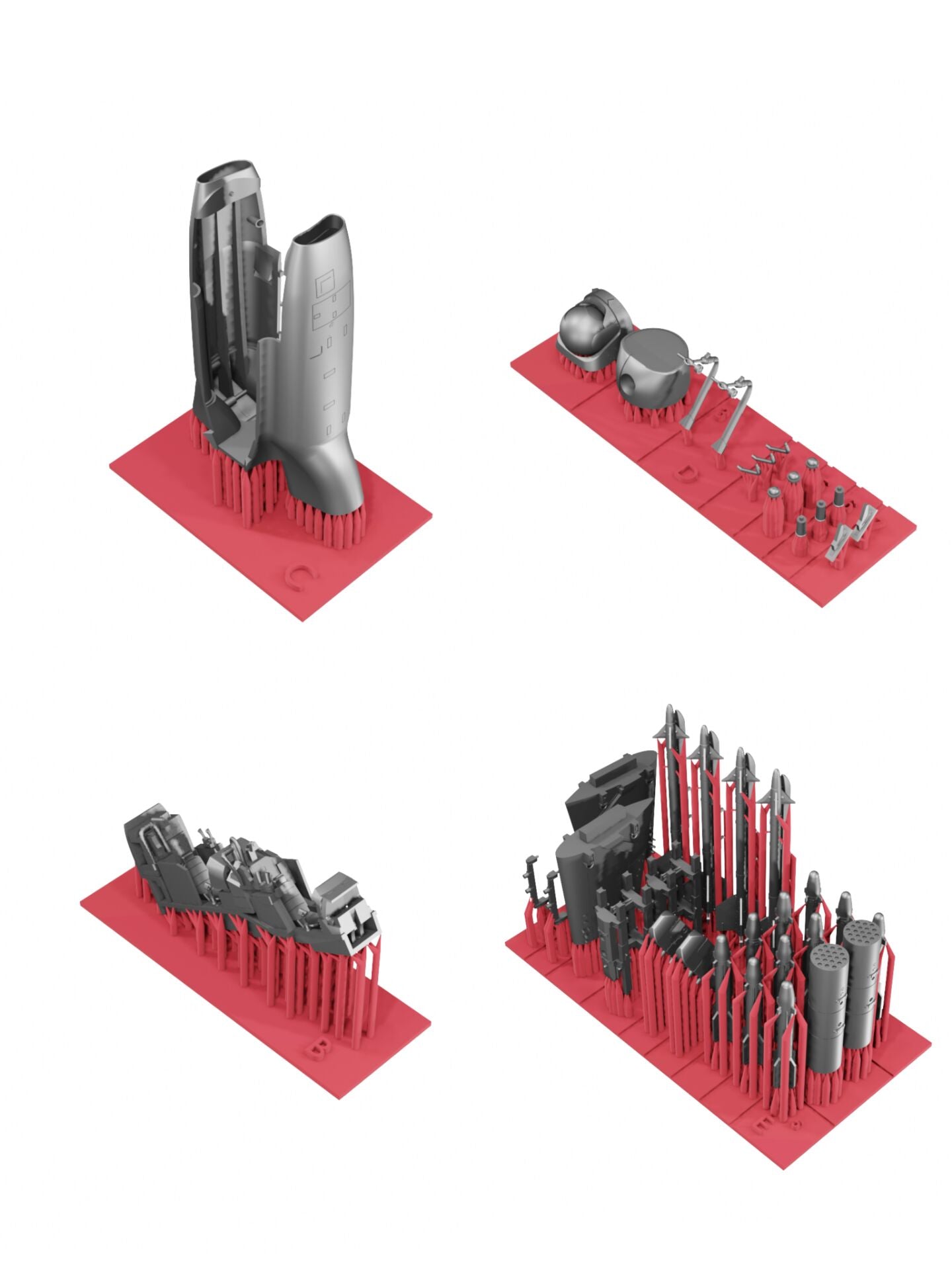 1/144 US AH-1Z VIPER Attack Fighter model kit parts displayed on red bases, showcasing intricate detailing and assembly components.