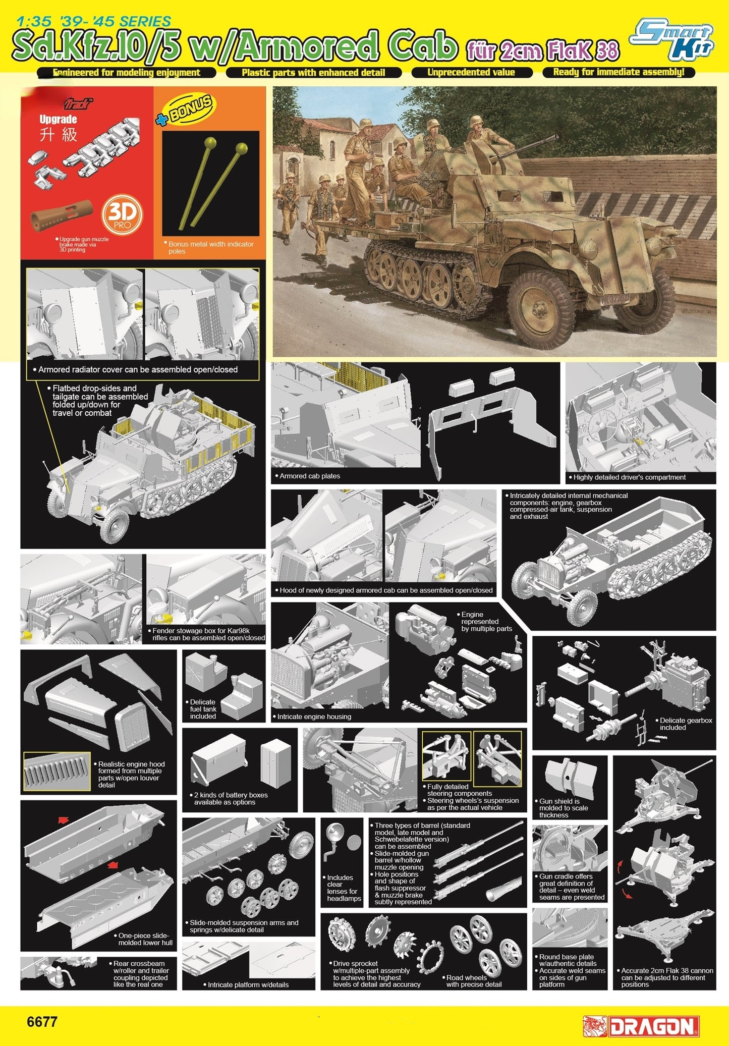 DRAGON 1/35 6677 Sd.Kfz.10/5 w/Armor Cab 2cm Flak 38 Model Kit