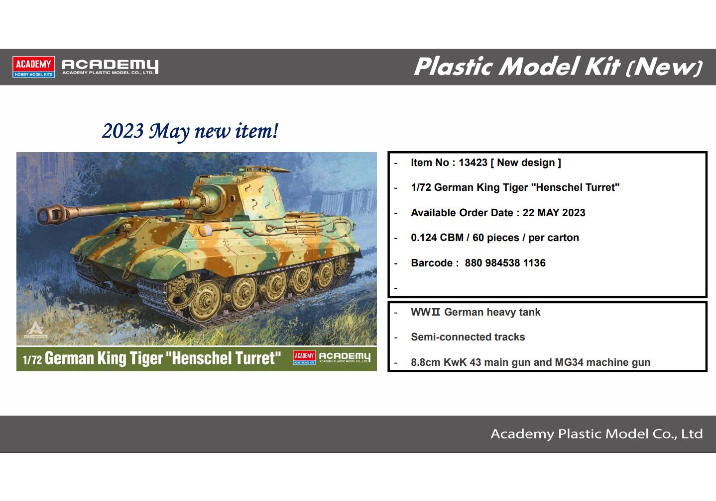 Academy 13423 1/72 WWII German King Tiger "Henschel Turret Heavy Tank Model Kit
