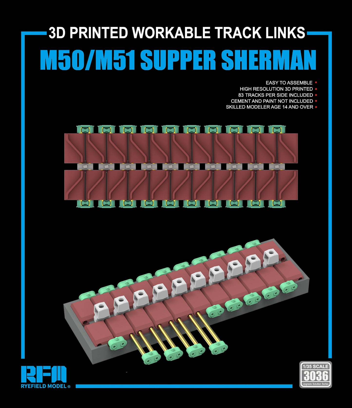 RYE FIELD 3036 1/35 M50/M51Supper Sherman 3D Printing Workable Track Links Pre-sale