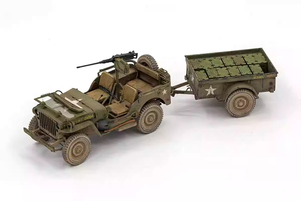 Explore this Takom 2126 1/35 1/4 Ton Utility Truck with Trailer & MP Figure Model Kit