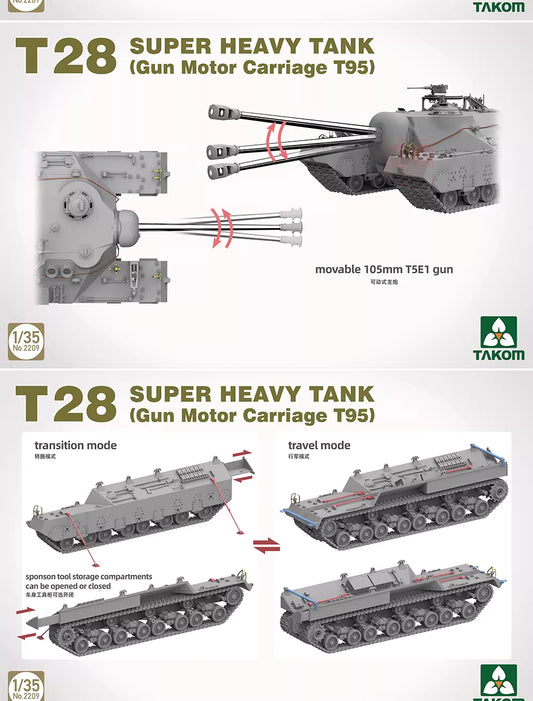 Explore this TAKOM 2209W 1/35 T28*2 BOX(2209+2210+Modeling Guidebook) Tank Model Kit