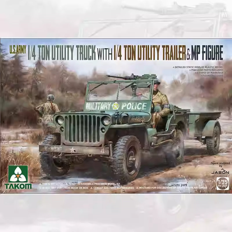 Explore this Takom 2126 1/35 1/4 Ton Utility Truck with Trailer & MP Figure Model Kit