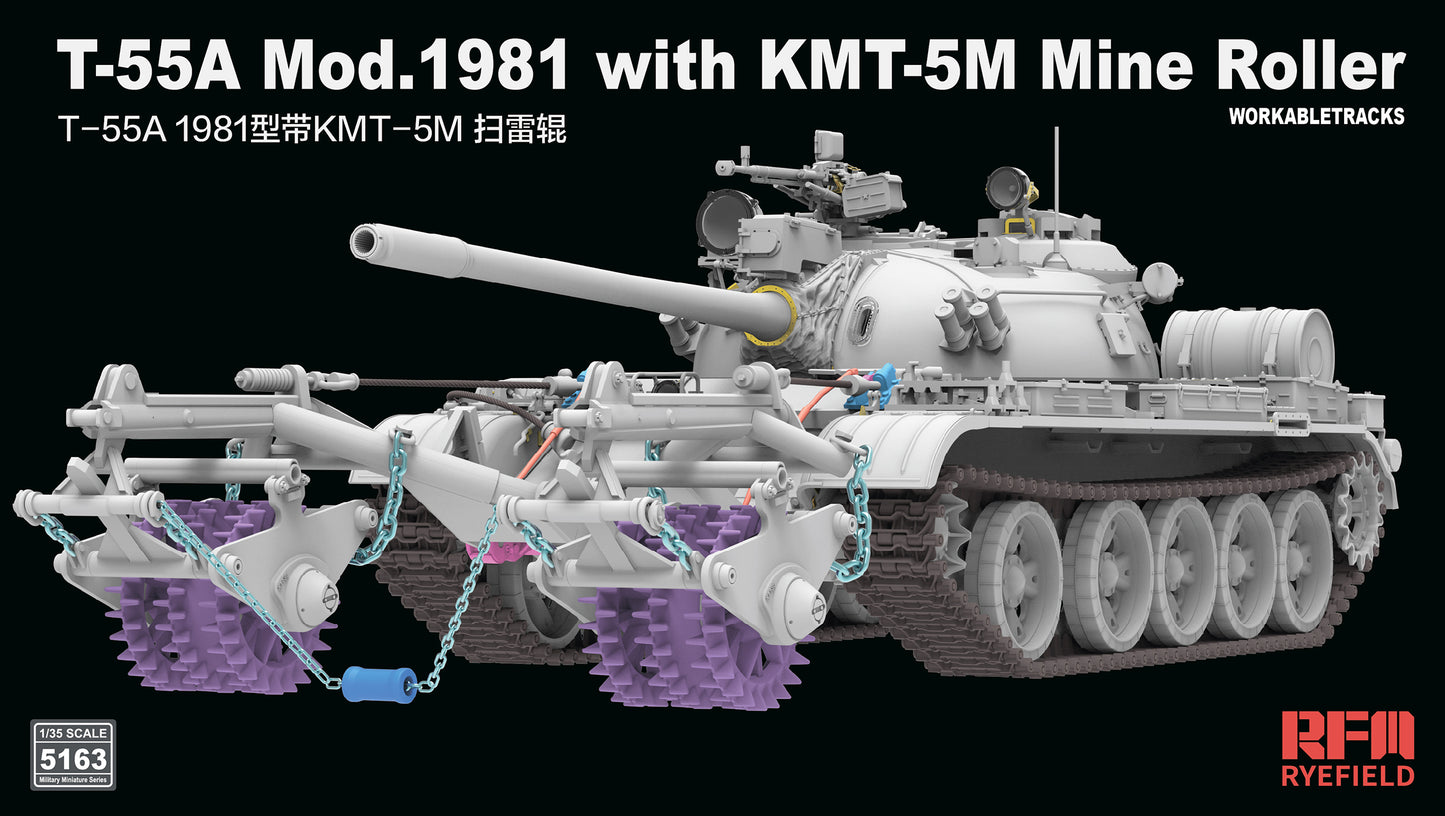 RYE FIELD 5163 1/35 T-55A Mod.1981 with KMT-5M Mine Roller Workable Tracks Presale