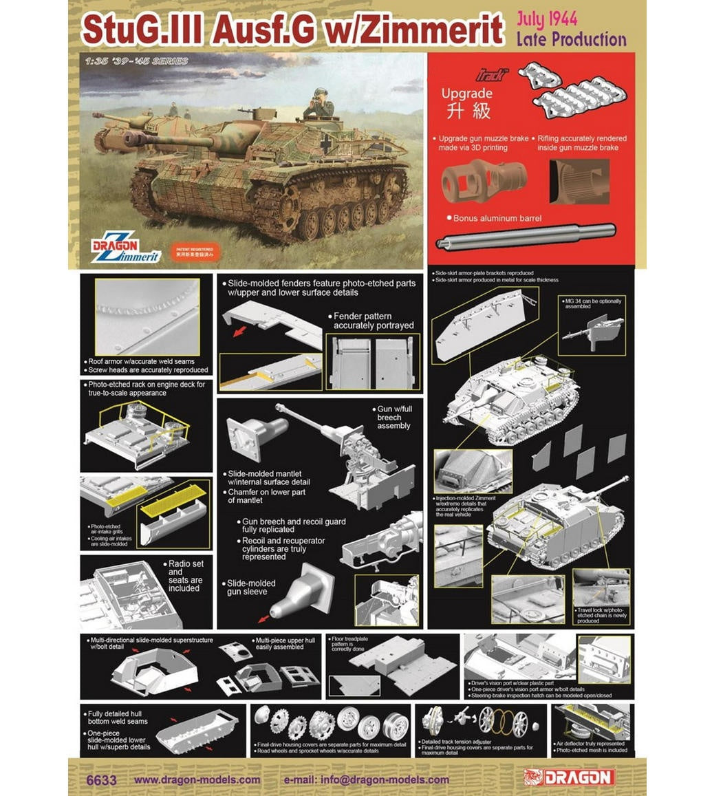 DRAGON 6633 1/35 Scale StuG III Ausf G 1944 Late w/Zimmerit/Magic Track/Barrel