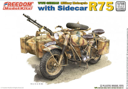 Explore this WWII German Military Motocycle R75 with Sidecar Model Kit | Freedom 16005 1/16