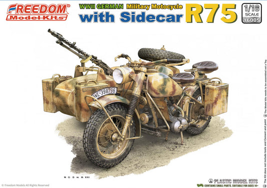 Explore this WWII German Military Motocycle R75 with Sidecar Model Kit | Freedom 16005 1/16
