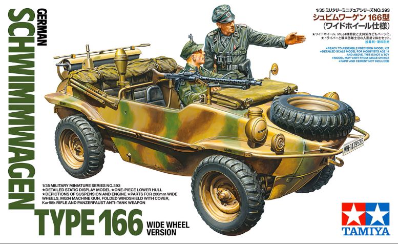 Find the Tamiya 35393 1/35 1/35 SCALE GERMAN SCHWIMMWAGEN TYPE 166 (WIDE WHEEL VERSION) Jeep Model Kit