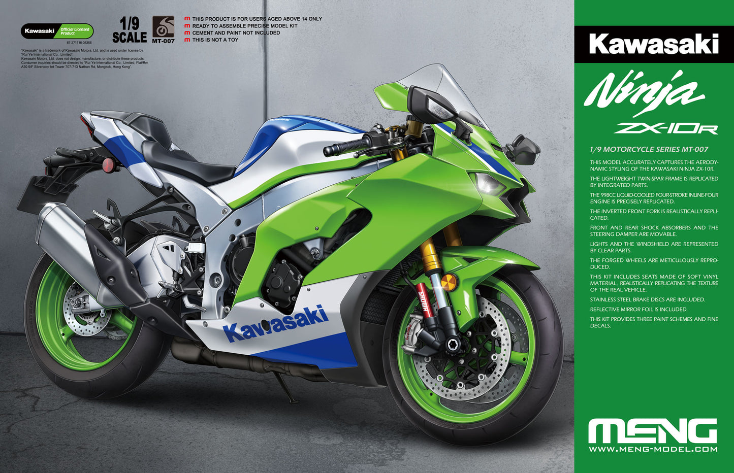 MENG MT-007 1/9 Kawasaki NINJA ZX-10R Motorcycle Model Kit - Precise Replica