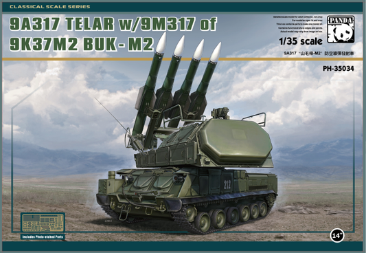 Panda Hobby 35034 1/35 Sam-17 Buk M2 Missile System model kit packaging featuring a TELAR with missiles.