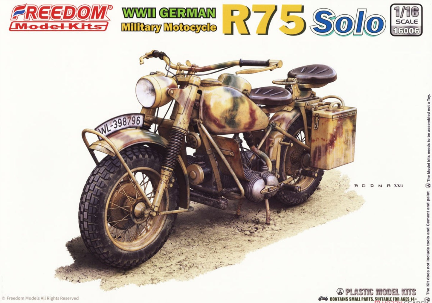 FREEDOM 16006 1:16 WWII German Military Motocycle R75 Solo Model Kit