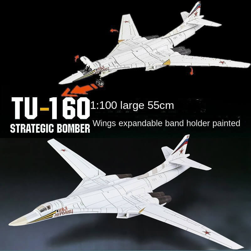 Explore the TU-160 Strategic Bomber Model Kit, a glueless 1/100 scale model perfect for aviation enthusiasts and collectors.