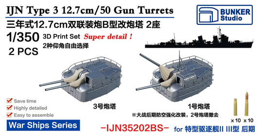 BUNKER 1/350 IJN35202BS IJN Type 3 12.7cm/50 Gun Turrets 3D Print Set "2pcs"