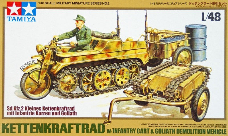 Tamiya 32502 1/48 Scale Military Model Kit Kettenkraftrad w/Cart&Goliath Vehicle