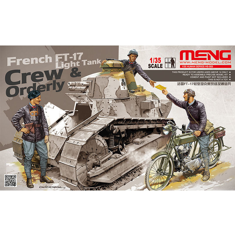 Discover the Meng Model HS-005 1/35 French Light Tank Crew & Orderly, featuring realistic WWI soldiers for your scale model collection.
