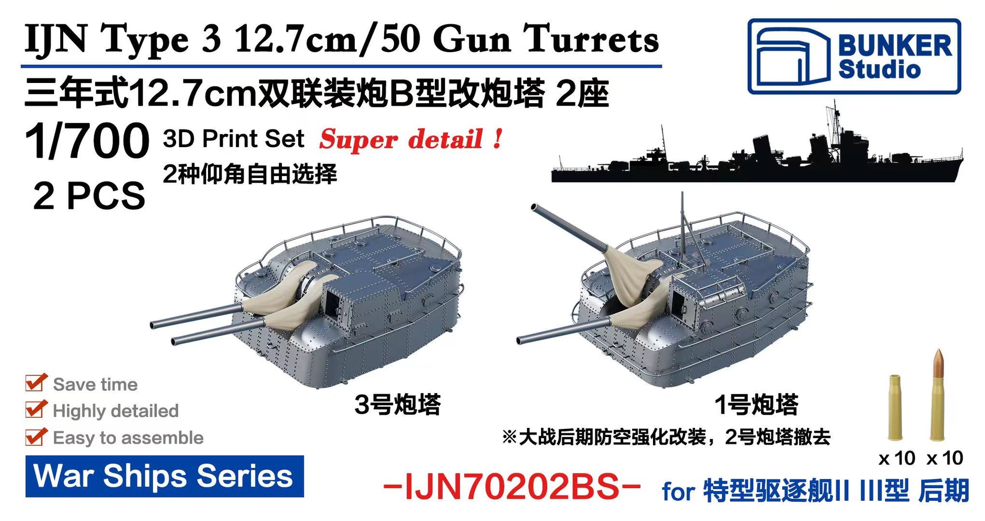 BUNKER 1/700 IJN70202BS IJN Type 3 12.7cm/50 Gun Turrets 3D Print Set "2pcs"