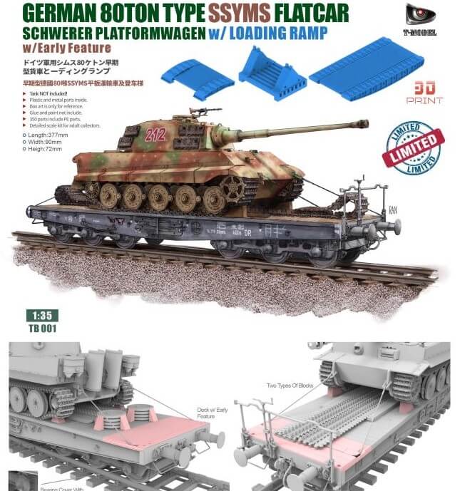 German 80ton Type SSYMS Flatcar Schwerer Platformwagen 1/35 Model Kit | T-Model TB001