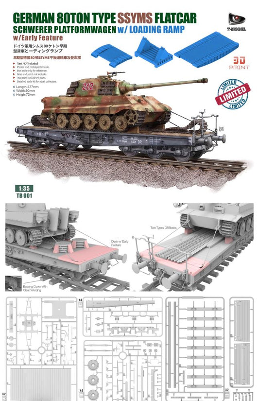German 80ton Type SSYMS Flatcar Schwerer Platformwagen 1/35 Model Kit | T-Model TB001
