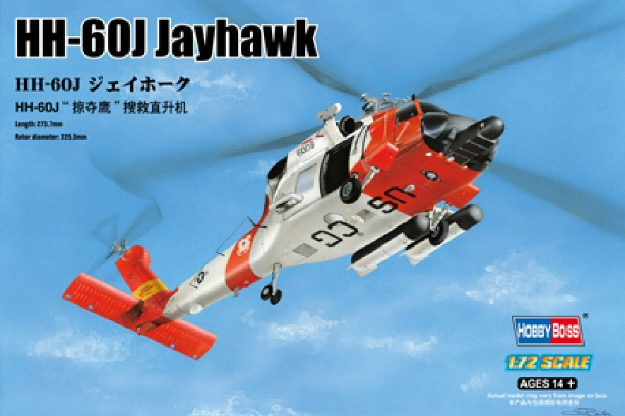 Hobbyboss Model 87235 1/72 HH-60J Jayhawk Helicopter box art showing assembled plastic model kit.
