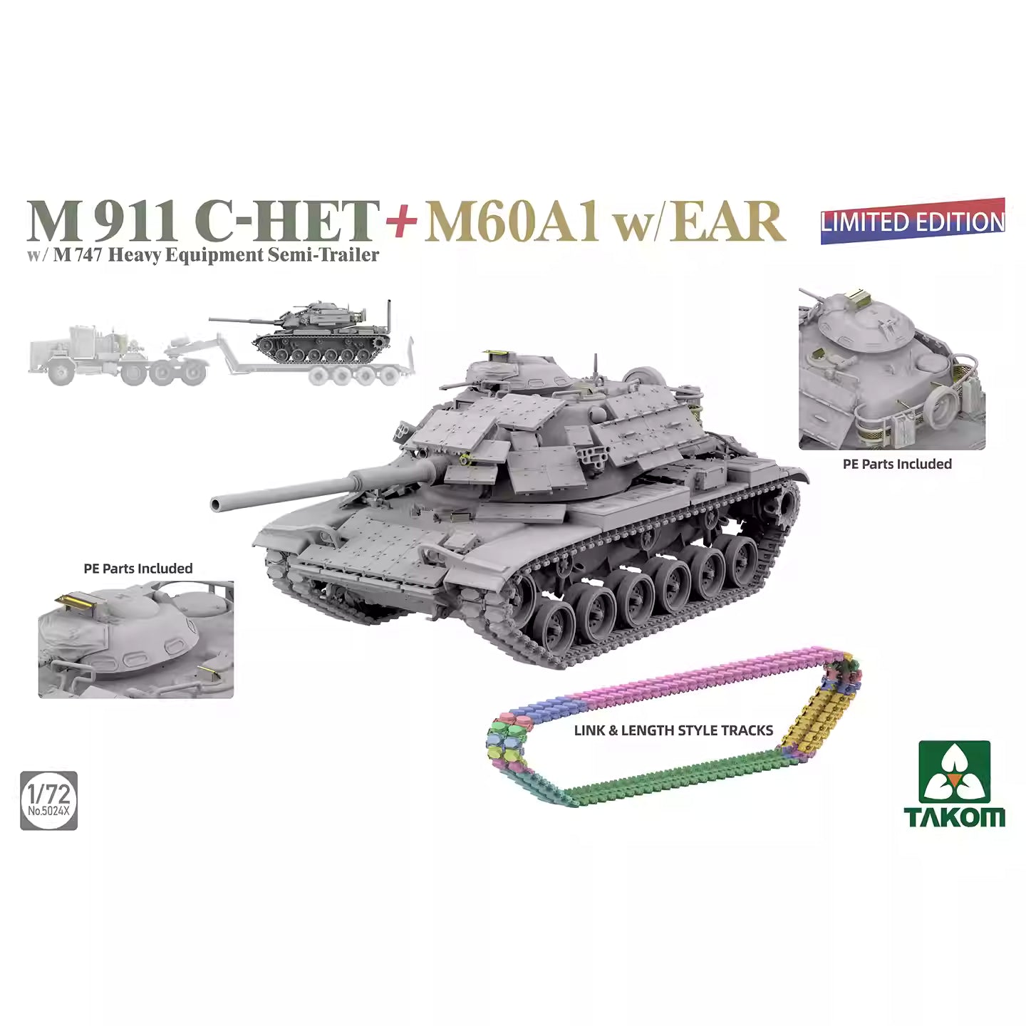 TAKOM 5024X 1/72 M911 C-HET+M60A1 Tank w/EAR w/M747 Heavy Equipment Semi-Trailer Model Kit