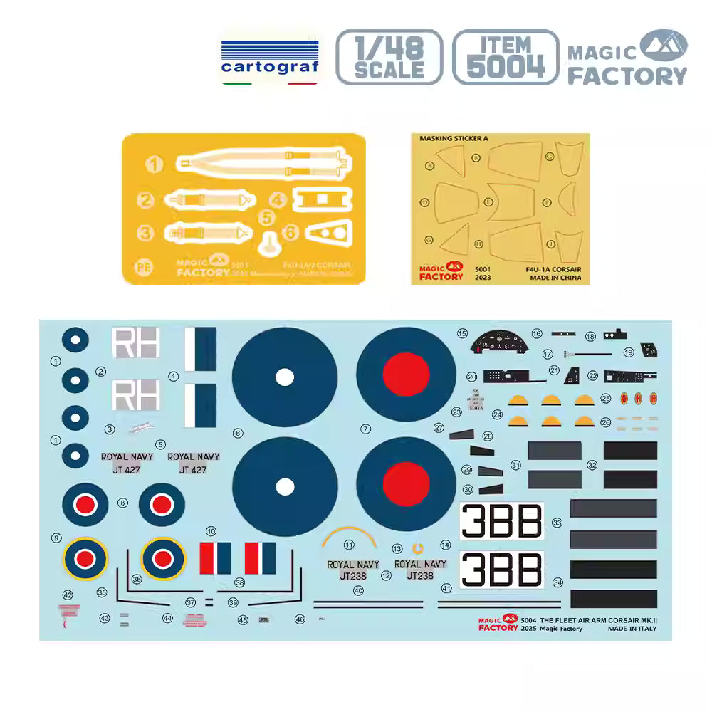 Explore the British Corsair Mk.II Aircraft Model Kit with intricate details, including photo-etch parts, decals, and options for unfolded or folded wings!