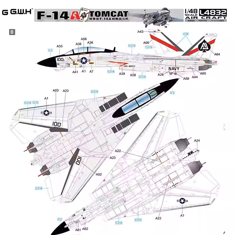Great Wall Hobby G.W.H L4832 1/48 Scale Grumman F-14A Tomcat AirCraft Model Kit