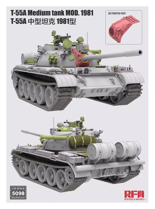 RYE FIELD RM-5098 1/35 T-55A Medium Tank Mod. 1981 With 3D Printed Part Model Kit