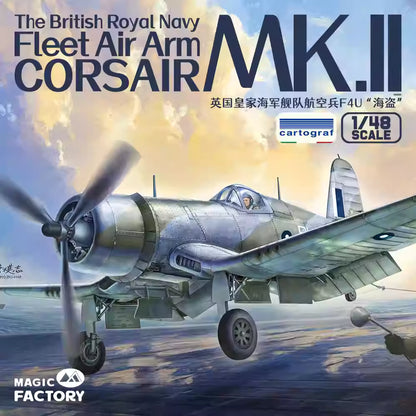 Explore the British Corsair Mk.II Aircraft Model Kit with intricate details, including photo-etch parts, decals, and options for unfolded or folded wings!