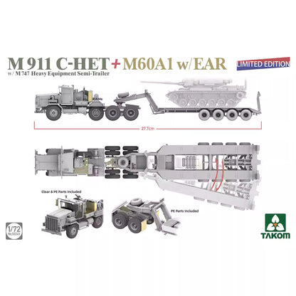 TAKOM 5024X 1/72 M911 C-HET+M60A1 Tank w/EAR w/M747 Heavy Equipment Semi-Trailer Model Kit