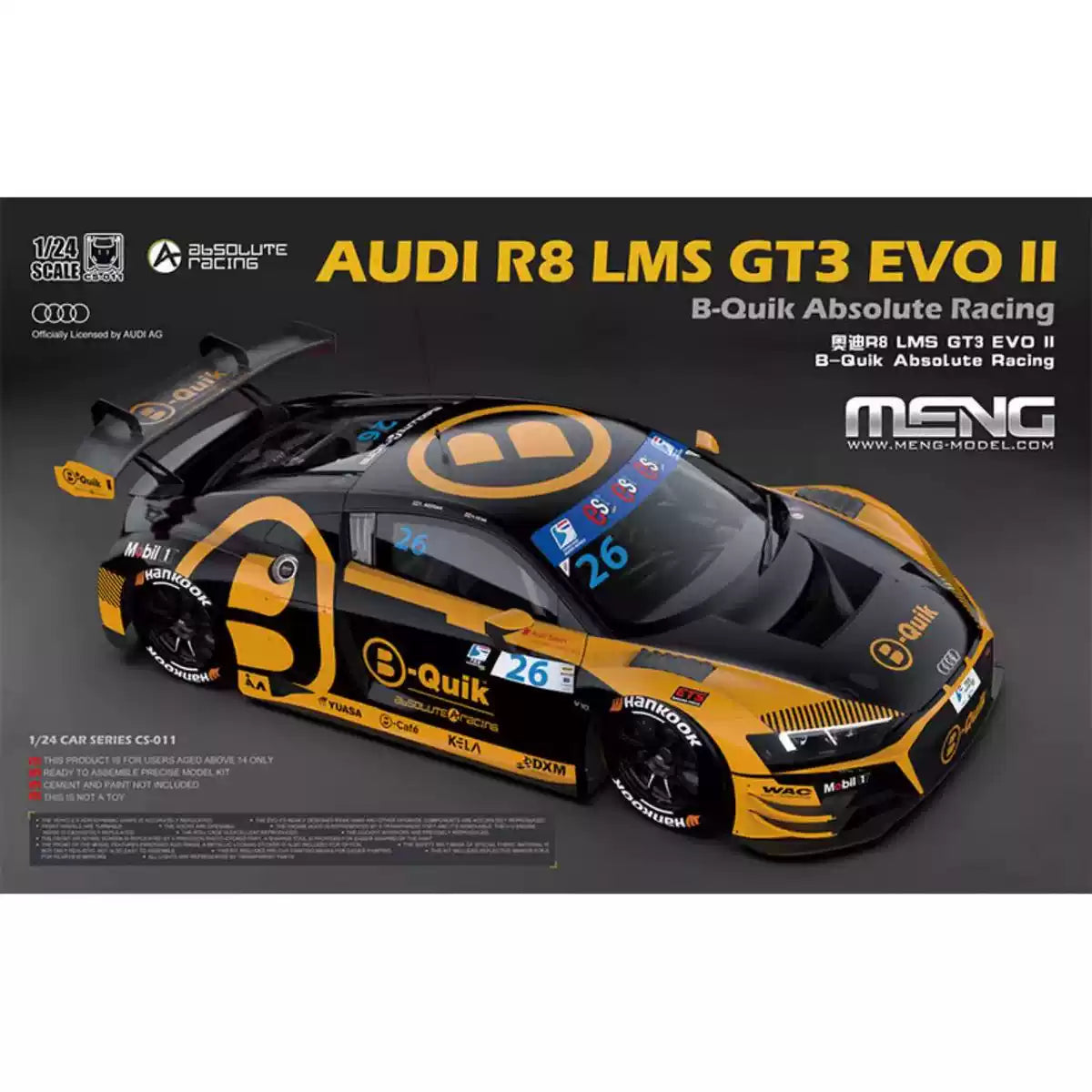 Discover the MENG CS-011 1/24 R8 LMS GT3 EVO II B-Quik Absolute Racing Model Kit