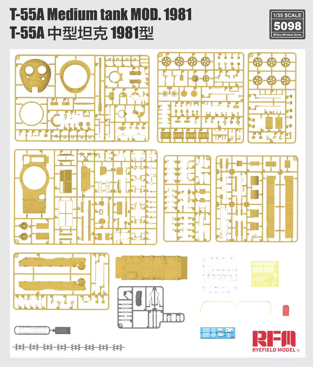 RYE FIELD RM-5098 1/35 T-55A Medium Tank Mod. 1981 With 3D Printed Part Model Kit