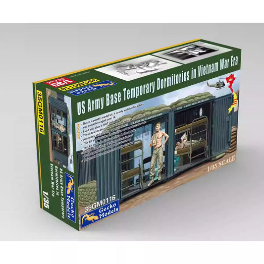 Explore the Gecko 35GM0116 1/35 US Army Base Temporary Dormitories model kit, featuring detailed barracks and accessories from the Vietnam War era.