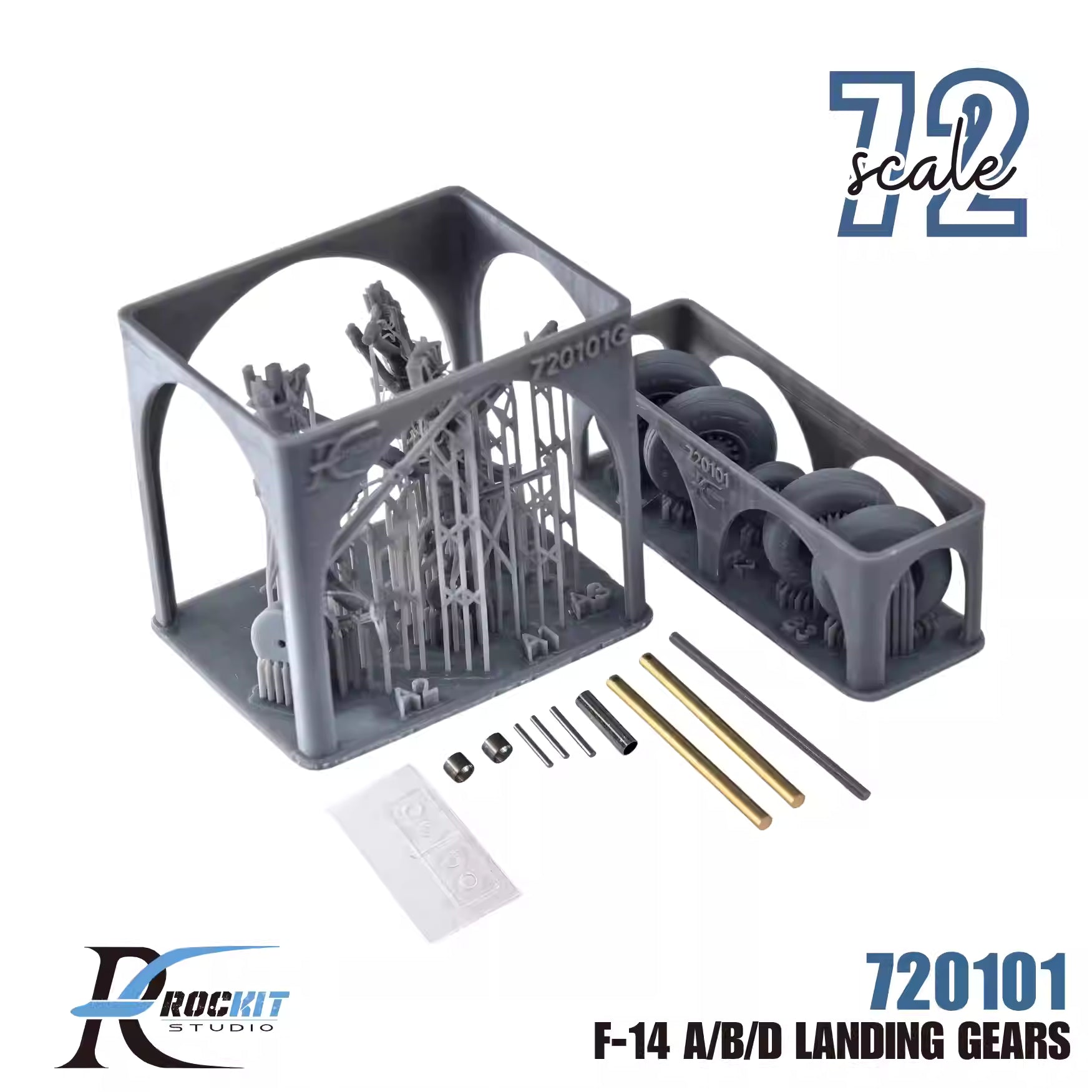 Upgrade your Tamiya kit with ROCKIT 720101T 1/72 F/14 A/B/D landing gears made from high-quality 3D-print resin and metal parts for enhanced realism.