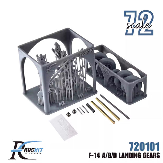 Upgrade your Tamiya kit with ROCKIT 720101T 1/72 F/14 A/B/D landing gears made from high-quality 3D-print resin and metal parts for enhanced realism.