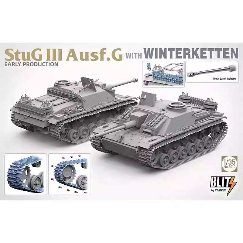 Explore this StuG.III Ausf.G Tank Model Kit with WINTERKETTEN 1/35 |Takom 8010