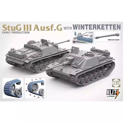 Explore this StuG.III Ausf.G Tank Model Kit with WINTERKETTEN 1/35 |Takom 8010