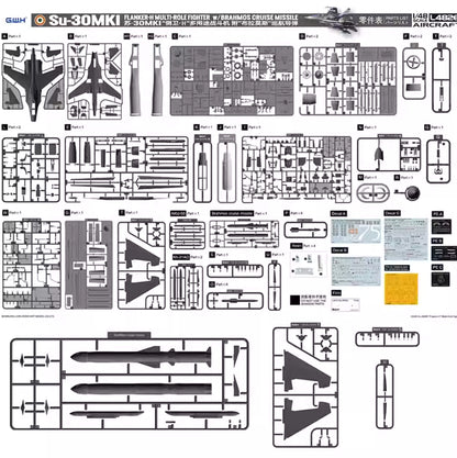 Discover the Great Wall Hobby L4826, a 1/48 SU-30MKI Flanker-H model kit featuring detailed parts and the Brahmos cruise missile.