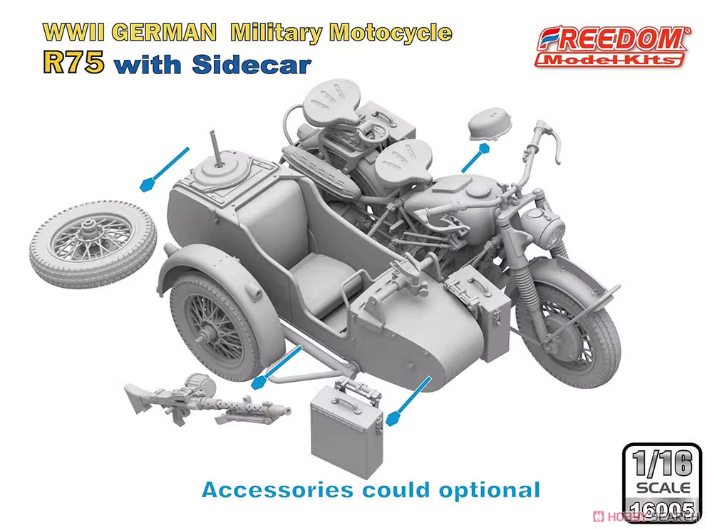 WWII German Military Motocycle R75 with Sidecar Model Kit | Freedom 16005 1/16