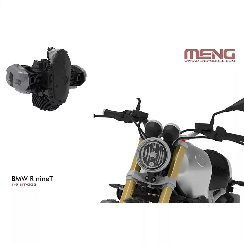 Explore the intricate details of the R nineT MOTORCYCLE Model Kit, a 1/9 scale reproduction 
