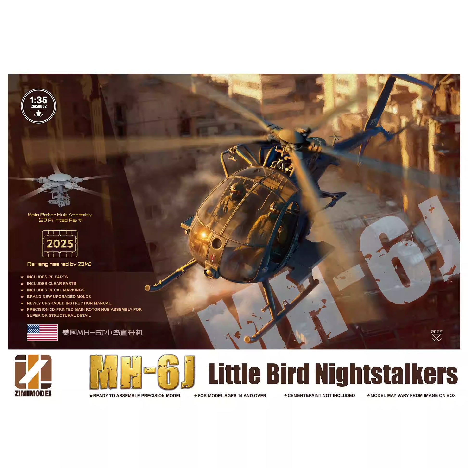 Explore this US MH-6J Little Bird Nightstalkers Helicopter Model Kit 1/35 | Zimi Model ZM50002