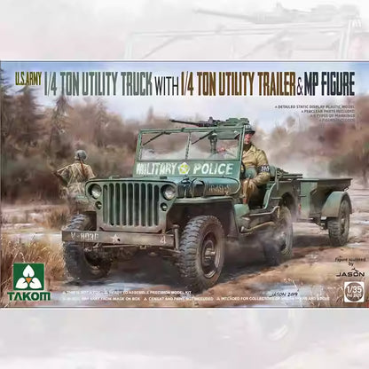 Explore this Takom 2126 1/35 1/4 Ton Utility Truck with Trailer & MP Figure Model Kit
