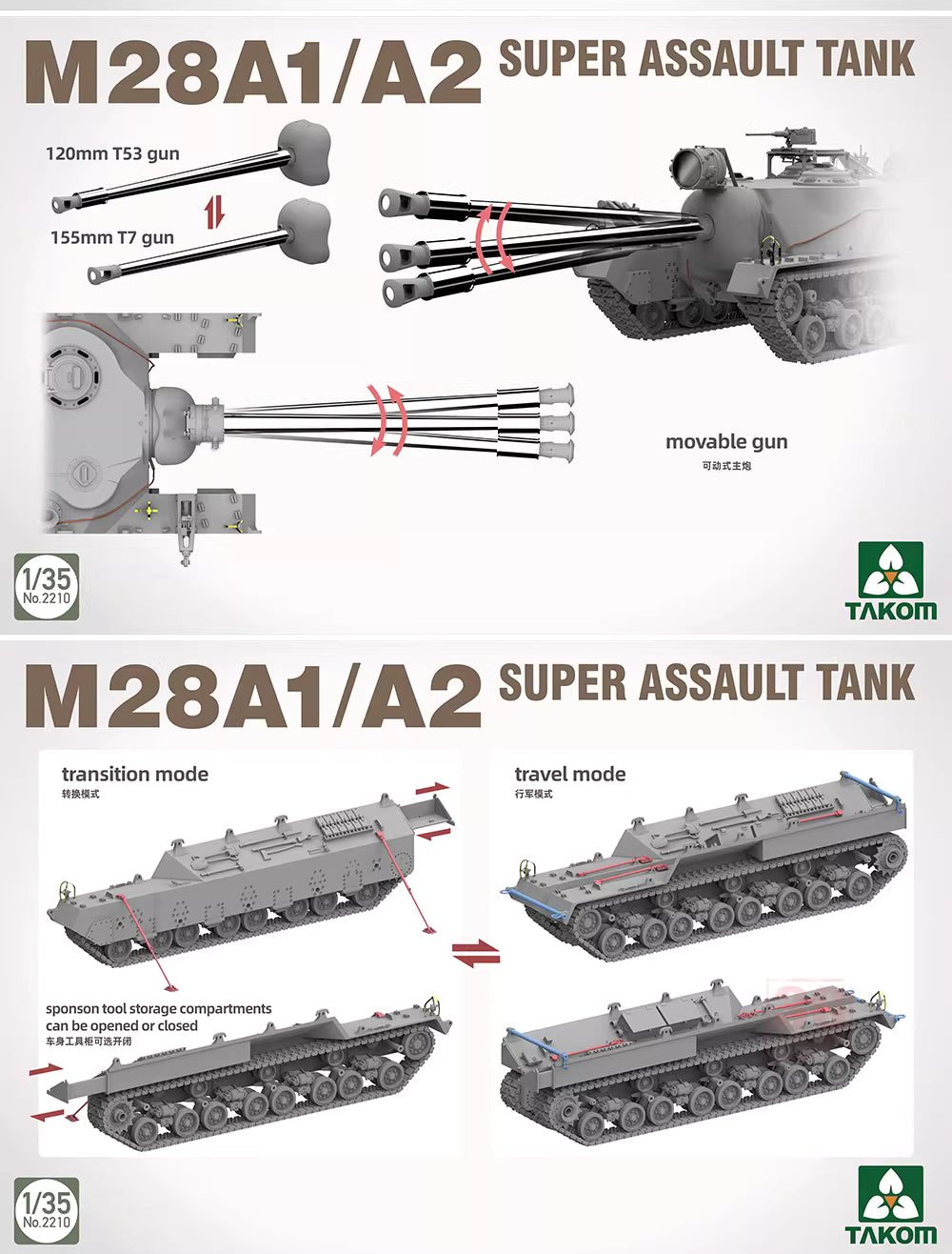 Explore this TAKOM 2209W 1/35 T28*2 BOX(2209+2210+Modeling Guidebook) Tank Model Kit 