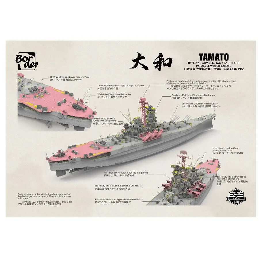 Discover the Border BS-007 1/350 IJN Battleship Yamato Ship Model Kit with detailed parts, etched components, and three main turrets for a perfect assembly!