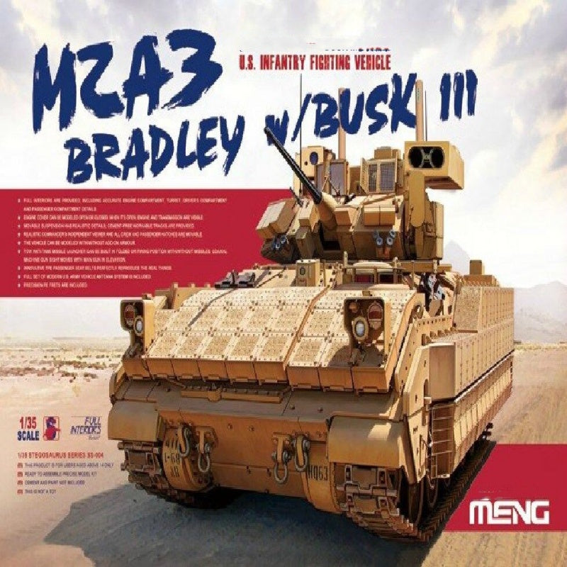 Discover the U.S. M2A3 Bradley w/BUSK III by Meng Model SS-004, featuring precise details, movable parts, and authentic interior design in 1/35 scale.
