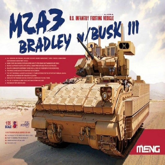 Discover the U.S. M2A3 Bradley w/BUSK III by Meng Model SS-004, featuring precise details, movable parts, and authentic interior design in 1/35 scale.