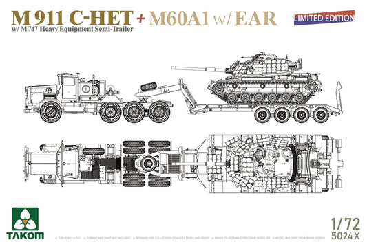 TAKOM 5024X 1/72 M911 C - HET+M60A1 Tank w/EAR w/M747 Heavy Equipment Semi - Trailer Model Kit - ModelHives